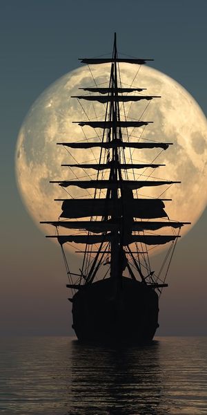 Majestic Ship Silhouette Against the Full Moon