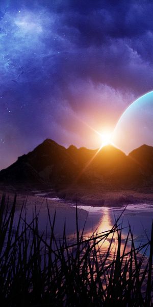 Phone wallpaper: Sunset, Sky, Mountain, Lake, Sci Fi, Planet Rise free download