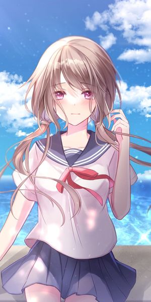 Phone wallpaper: Anime, Girl, Cloud, Skirt, School Uniform, Long Hair, Brown Hair, Purple Eyes free