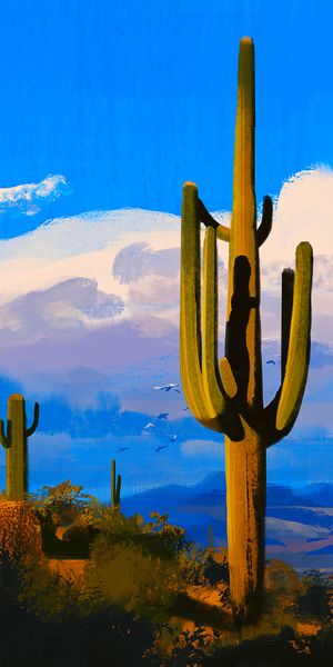 Vibrant Prairie Landscape Featuring Majestic Cactuses and Birds