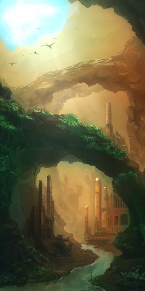Phone wallpaper: Building, Rocks, Rivers, Art free download