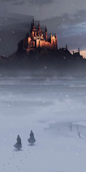 Enchanting Winter Castle at Sunset - Fantasy Mobile Wallpaper