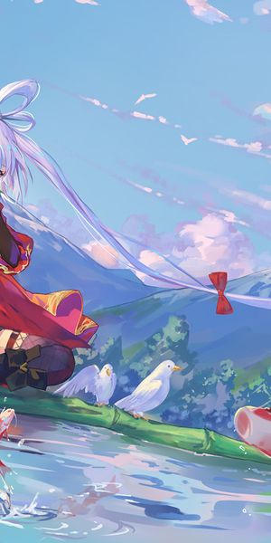 Enchanting Anime Scene: Girl, Fish, and Nature - Perfect 4K iPhone Background