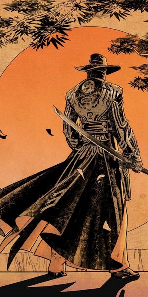 Epic Anime Scene: Man Silhouetted by an Orange Sunset