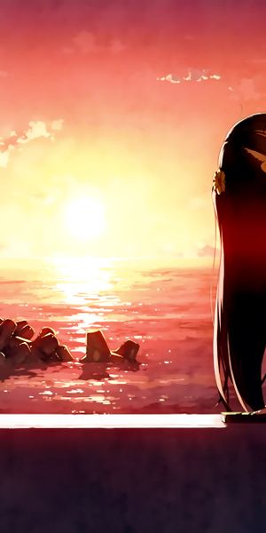 Enchanting anime girl enjoying a sunset by the sea - perfect phone wallpaper