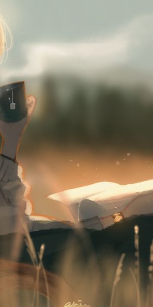 Phone wallpaper: Anime, Girl, Book, Tea free download