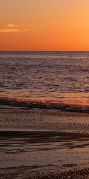 Phone wallpaper: Ripple, Sand, Glare, Ripples, Sunset, Waves, Horizon, Evening, Calm, Sea, Nature, S
