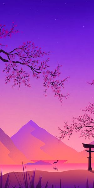 Beautiful Sakura Scene with Crane and Torii Gate