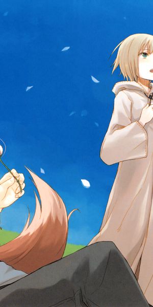 Phone wallpaper: Anime, Nature, Grass, Sky, Flower, Smile, Blonde, Tail, Scarf, Belt, Long Hair, Bro