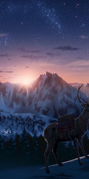 Phone wallpaper: Anime, Landscape, Winter, Sunset, Mountain, Deer, Original free download