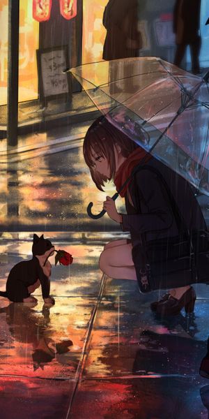 Anime Girl and Kitten Under Umbrella in Rainy Street Scene