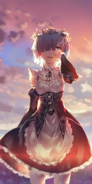 Phone wallpaper: Anime, Sunset, Dress, Blue Eyes, Tears, Maid, Headband, Blue Hair, Short Hair, Thig