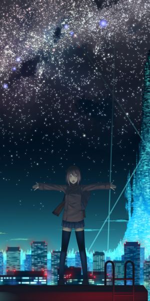 Phone wallpaper: Night, Stars, City, Anime free download