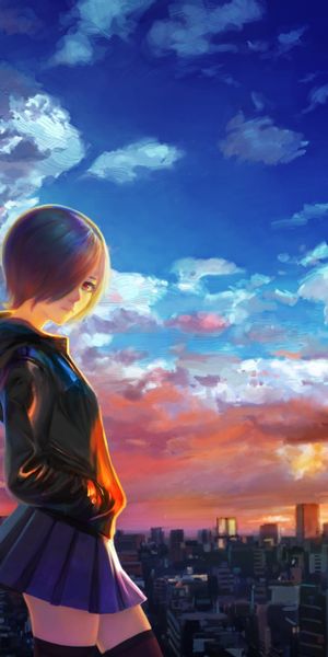 Dynamic Tokyo Ghoul phone wallpaper featuring Touka Kirishima at sunset
