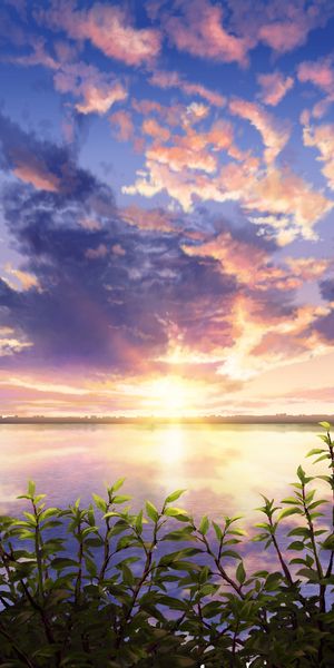 Phone wallpaper: Anime, Landscape, Sunset, Lake, Cloud free download