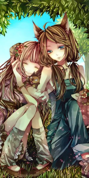 Charming 4K anime wallpaper of two girls in a vibrant forest setting