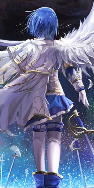 Phone wallpaper: Anime, Stars, Night, Weapon, Wings, Glove, Skirt, Sword, Blue Hair, Puella Magi Mad