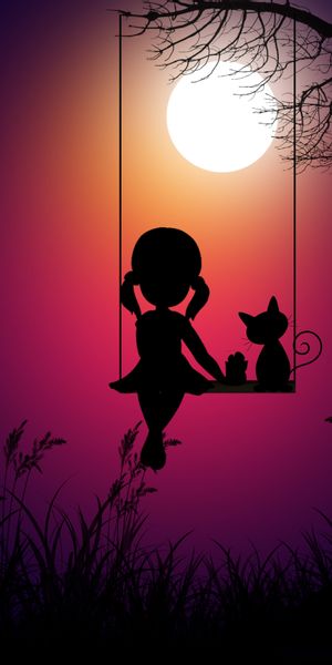 Enchanting Silhouette of a Girl and Cat on a Swing at Sunset