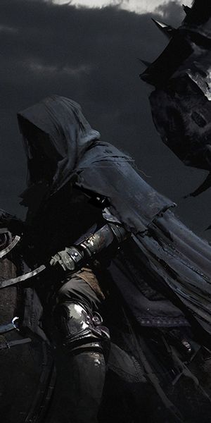 Dark Fantasy Scene with Black Horses and Mysterious Rider
