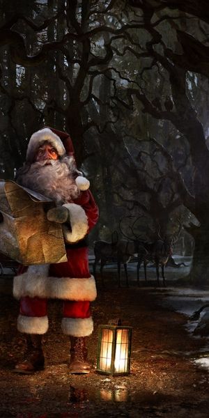 Phone wallpaper: Santa Claus, Night, Dark, Forest, Christmas, Holiday, Troll, Map, Santa, Reindeer f