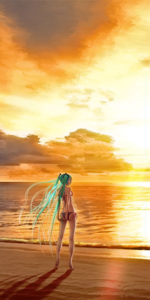 Enchanting beach sunset wallpaper with Hatsune Miku, water, and a ship