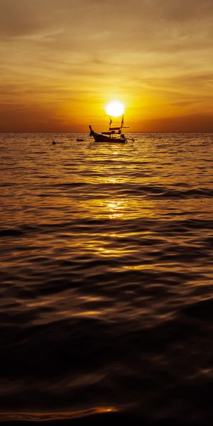 Phone wallpaper: Sea, Dusk, Twilight, Waves, Sunset, Boat, Dark free download