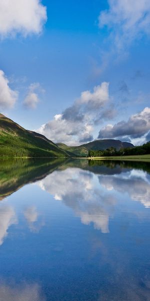 Phone wallpaper: Noon, Nature, Reflection, Mirror, Sky, Lake, Mountains, Smooth, Surface free downlo