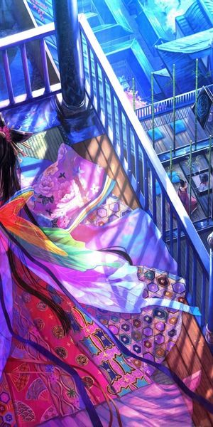 Phone wallpaper: Anime, Cat, Girl, Kimono, Oriental, Black Hair, Long Hair, Purple Eyes free downloa