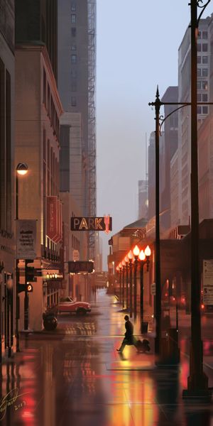 Serene City Street with Lanterns and Reflections at Dusk