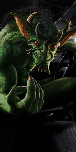 Dynamic Green Demon Inside Car - Fantasy Mobile Wallpaper