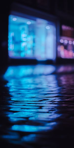Neon Reflection on Cobblestones at Night