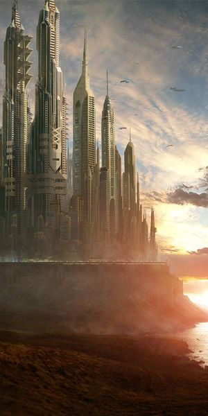 High-Quality iPhone Wallpaper: Futuristic Skyscraper Cityscape at Dusk