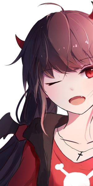 Phone wallpaper: Anime, Smile, Girl, Red Eyes, Long Hair free download