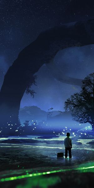 Phone wallpaper: Landscape, Fantasy, Stars, Night, Tree, Child free download