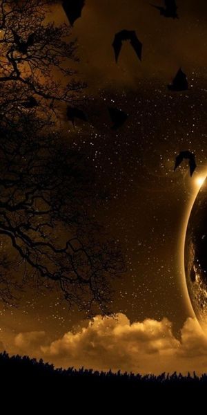 Dark Fantasy Landscape with Enormous Moon and Silhouetted Trees