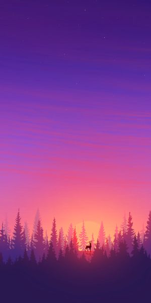 Beautiful Purple Sunset with Deer in a Forest