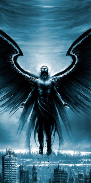 Majestic Dark Angel Over Cityscape