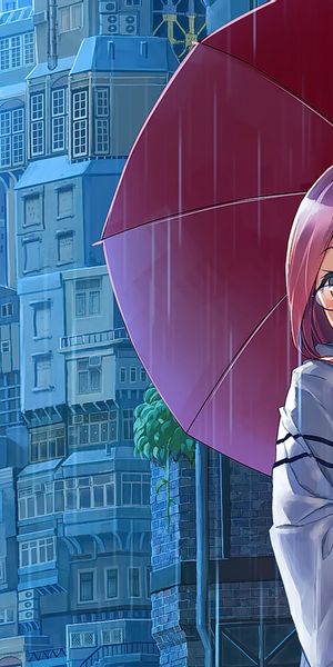Phone wallpaper: Anime, Rain, Girl, Umbrella, Glasses, Purple Hair free download
