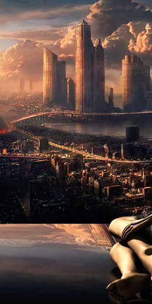 Futuristic City with Robot Reflection at Sunset