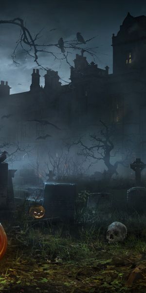 Eerie Halloween Graveyard Phone Wallpaper Featuring Jack O' Lanterns