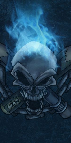 Eerie Dark Skull Wallpaper with Blue Flames