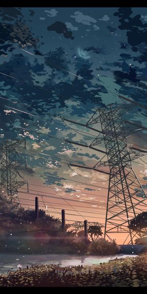 Beautiful Anime Landscape with Electric Towers at Sunset