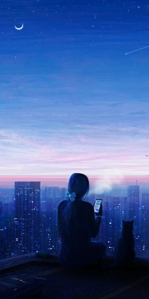Phone wallpaper: Anime, Night, City, Cat, Girl free download