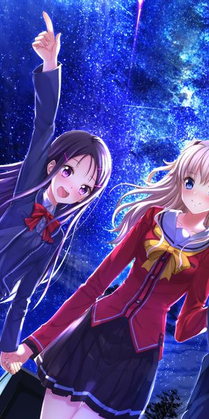 Phone wallpaper: Anime, Sky, Stars, Night, Smile, Blonde, Glasses, Dress, Telescope, Skirt, Blue Eye