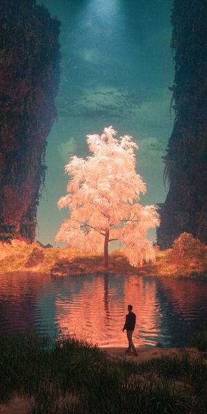 Enchanting Lake Scene with a Glowing Tree and Majestic Mountains