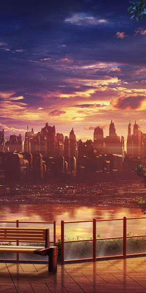 Breathtaking Sunset Over City Lake with Benches