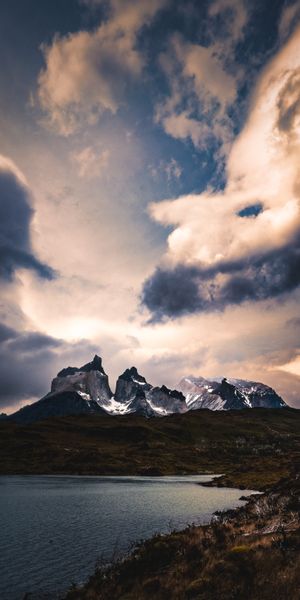 Phone wallpaper: Clouds, Overcast, Mainly Cloudy, Grass, Nature, Dusk, Twilight, Lake, Mountains fre