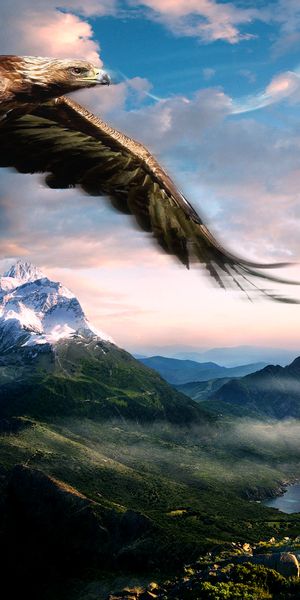 Majestic Eagle at Sunrise: A 4K Fantasy Mountain Landscape Wallpaper