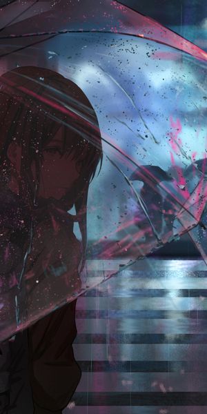 Anime Girl with Umbrella in Rainy Night