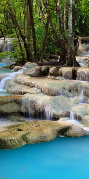 Breathtaking Turquoise Waterfall Mobile Wallpaper Surrounded by Nature